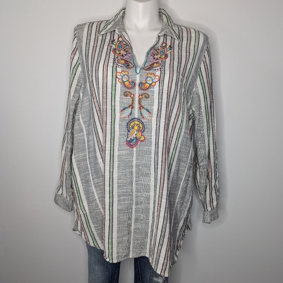Soft Surroundings Tops - Soft Surroundings Black White Stripe Colorful Paisley Embroidered Cotton Top 3X